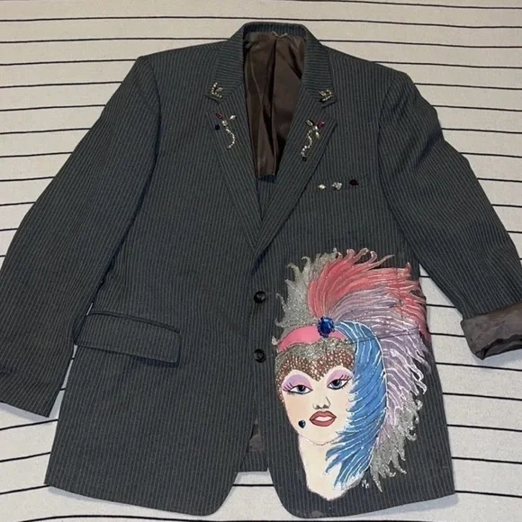 Vintage Sears Gray Pinstripe Custom Painted Showgirl Blazer Suit Jacket - Picture 4 of 16
